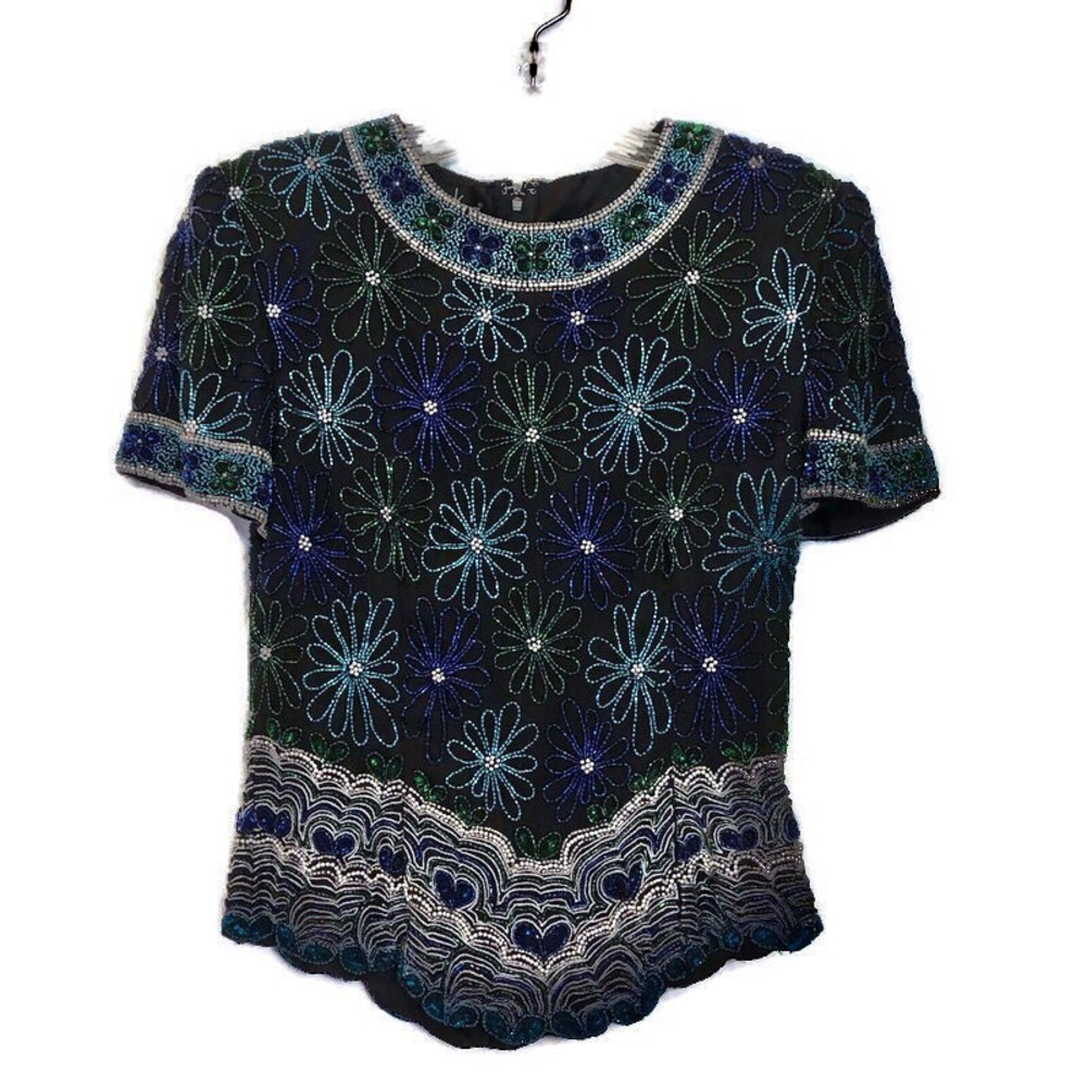 Vintage Laurence Kazar Heavily Beaded Top Sz M